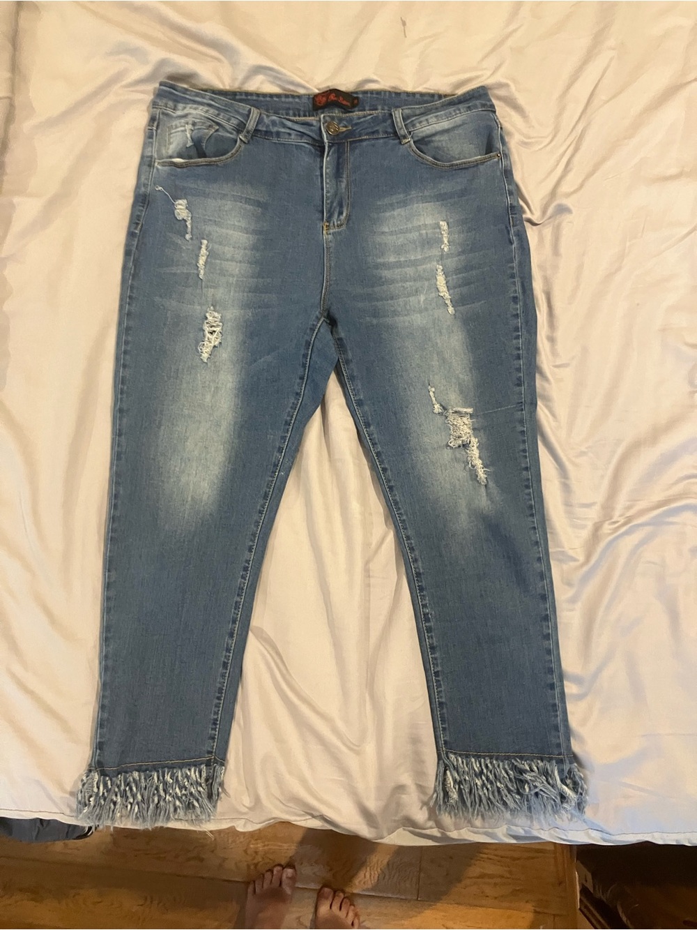 Christian Louboutin Light Blue Distressed Ankle Jeans with Fringe Hem